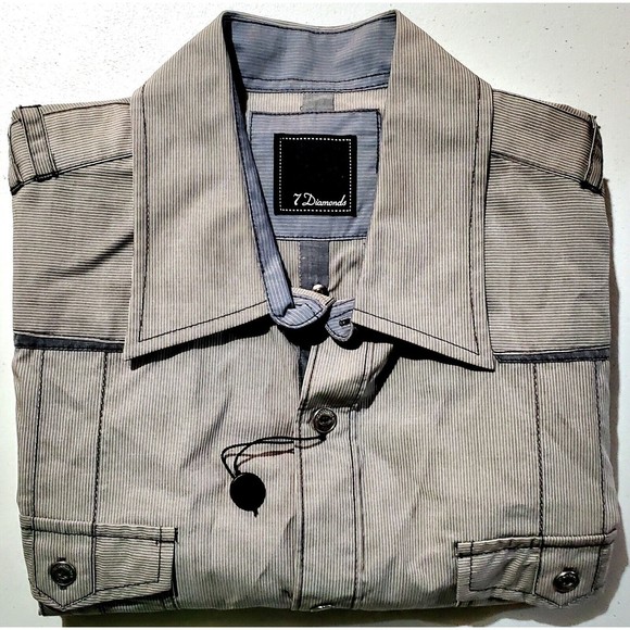 7 Diamonds Pinstripe Shirt Mens Medium Brown Long Sleeve Western Dress Military - Picture 5 of 9